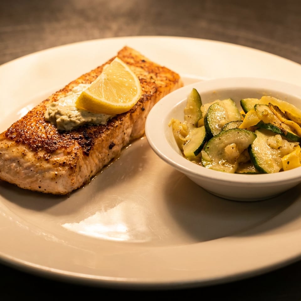 Grilled salmon with lemon and herb butter, served with a side of sautéed zucchini and squash.