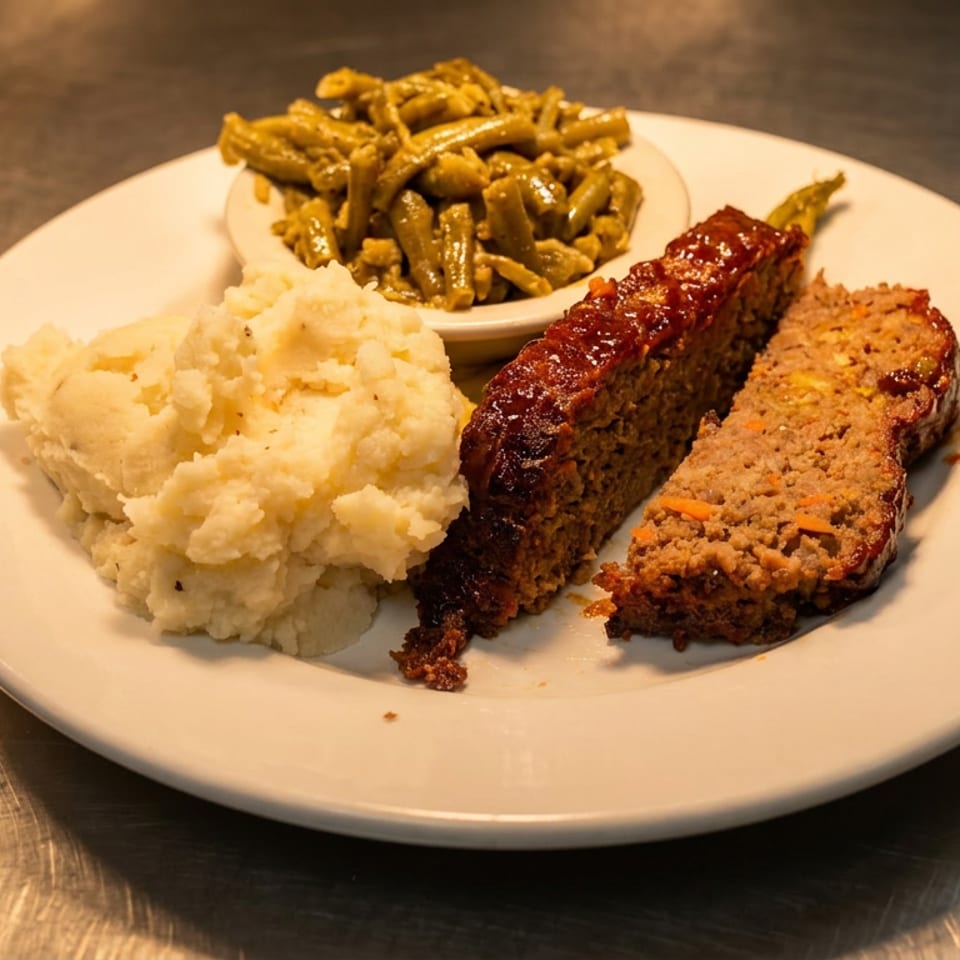 A plate of meatloaf with mashed potatoes and green beans on a metal counter.