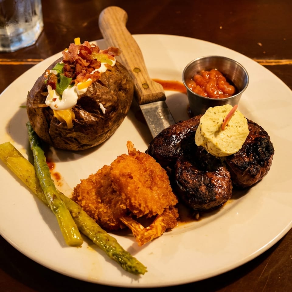 Steak with compound butter, baked potato, fried shrimp, asparagus, and baked beans on a white plate.