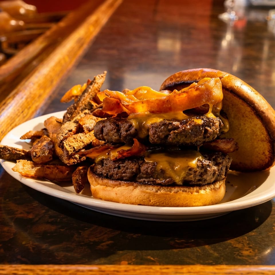 Double cheeseburger with bacon, onion rings, and fries on a white plate at a bar.