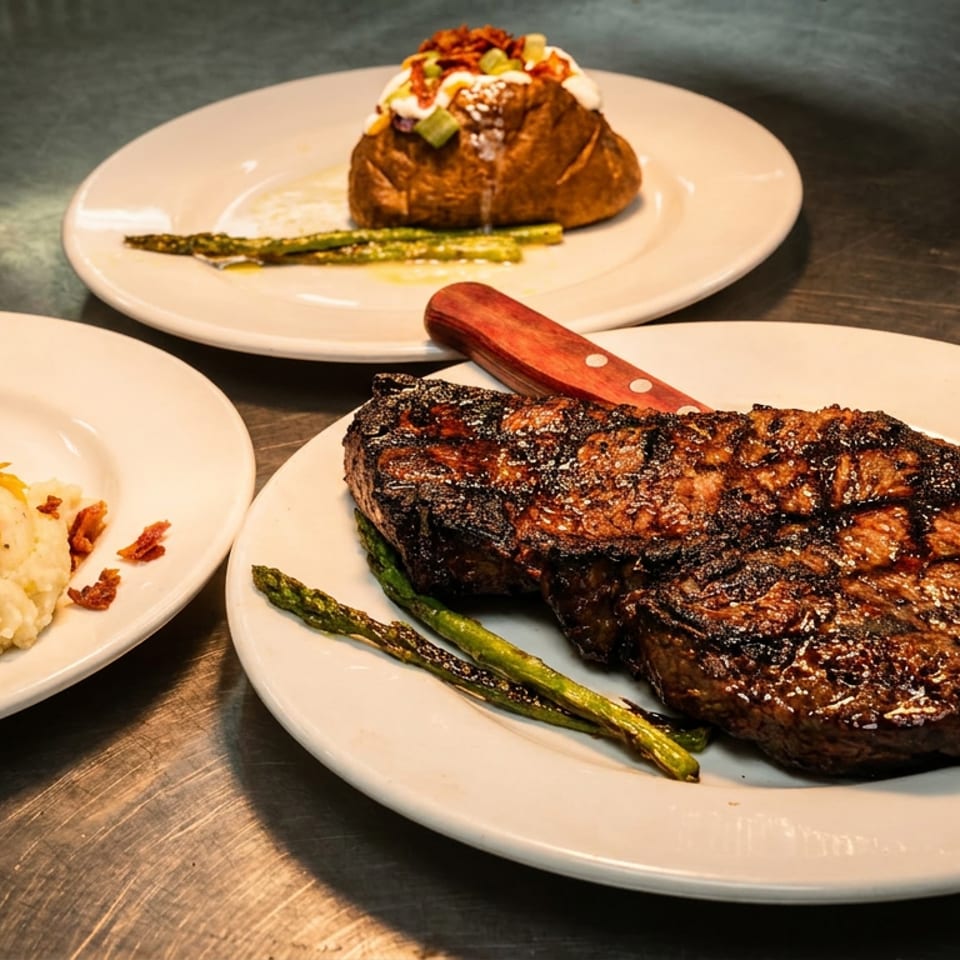 Three plates of food: grilled steak with asparagus, loaded mashed potatoes, and a loaded baked potato.