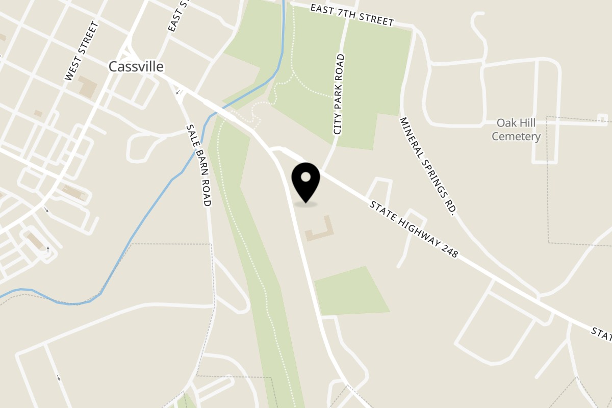 Map showing the location of The Rib Steak House on 497 State Hwy 76 in Cassville